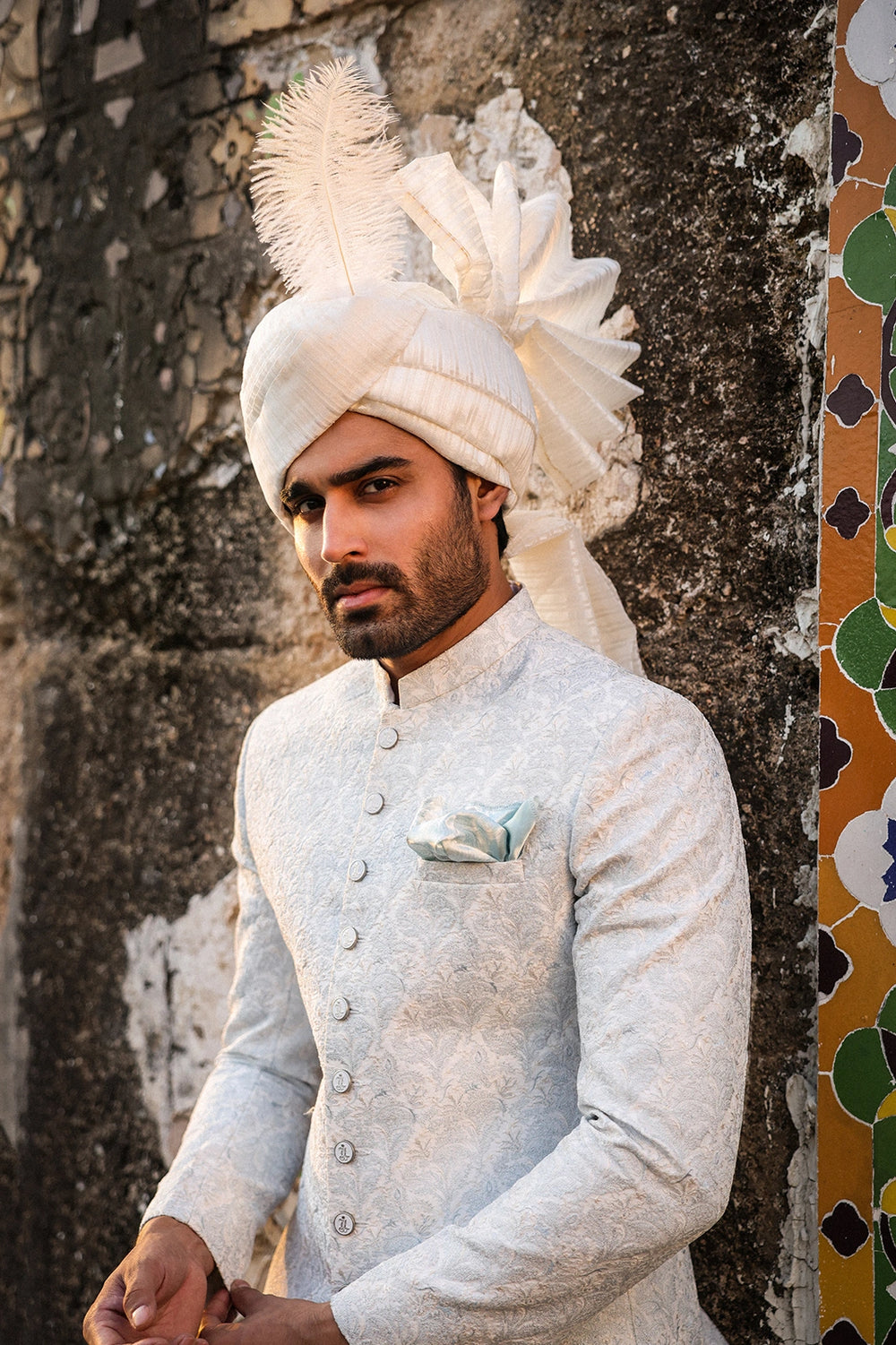 Ice Blue & Off-White Embroidered Sherwani for Men