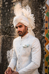 Ice Blue & Off-White Embroidered Sherwani for Men