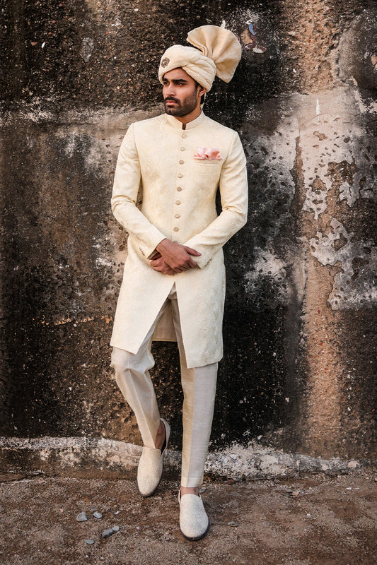 Ivory Self-Embroidered Sherwani for Men