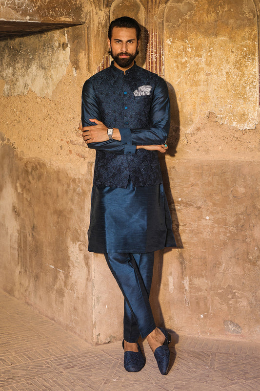 TEAL WITH BLUE EMBROIDRED WAIST COAT - WC-310