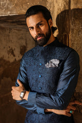 Teal & Blue Embroidered Waistcoat for Men