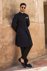 Black & Blue Embroidered Sherwani for Men