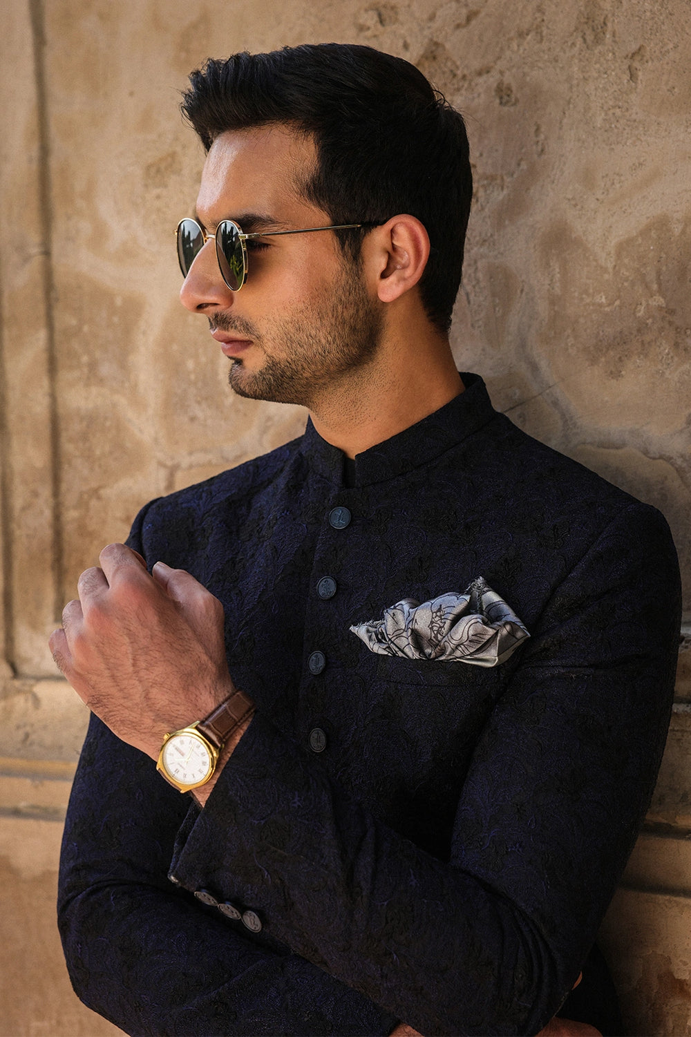 Black & Blue Embroidered Sherwani for Men
