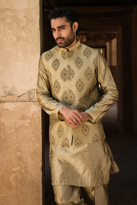 Golden Embroidered Men’s Waistcoat Online Pakistan