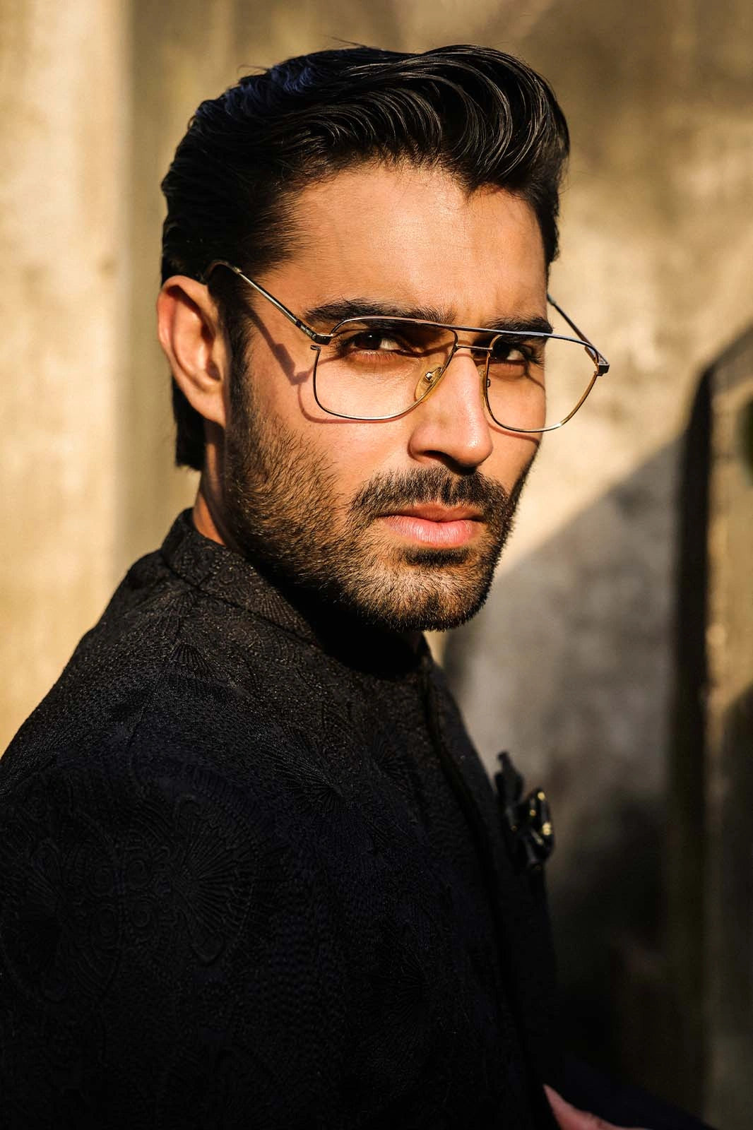 Black Self-Embroidered Mens Prince Coat