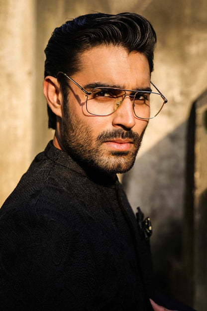 Black Self-Embroidered Mens Prince Coat