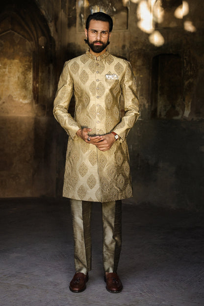 Golden Embroidered Sherwani For Men