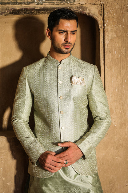 SAGE GREEN INTRICATE EMBROIDERED PRINCE COAT PC-114