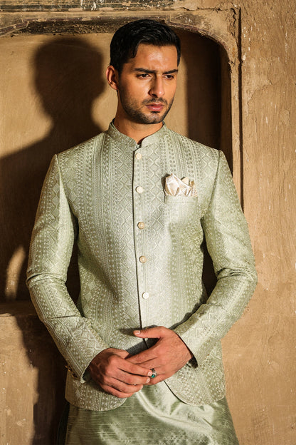 Sage Green Embroidered Prince Coat for Men