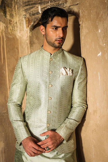 Sage Green Embroidered Prince Coat for Men