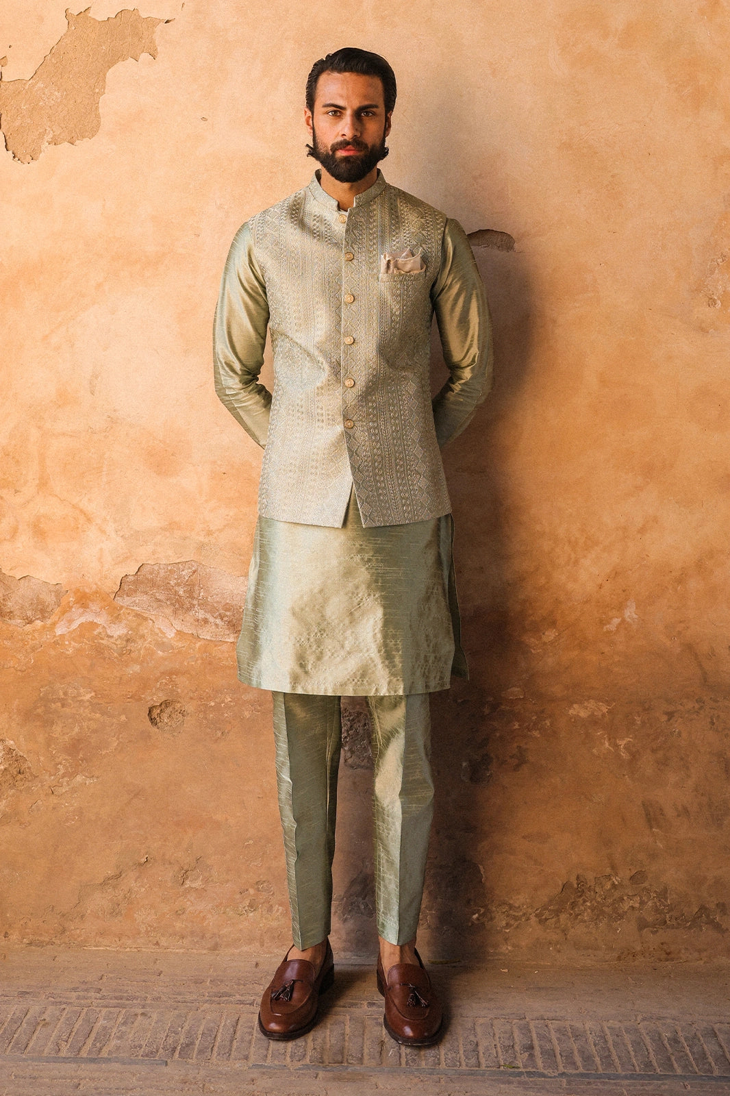 Sage Green Embroidered Waistcoat for Men