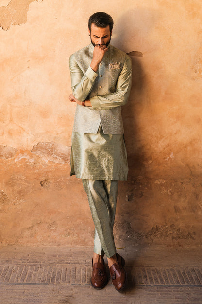 SAGE GREEN INTRICATE EMBROIDERED WAIST COAT WC-305