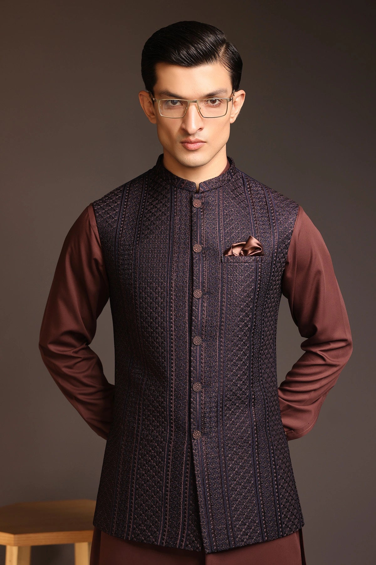 Striped Embroidered Waist Coat - WC-272