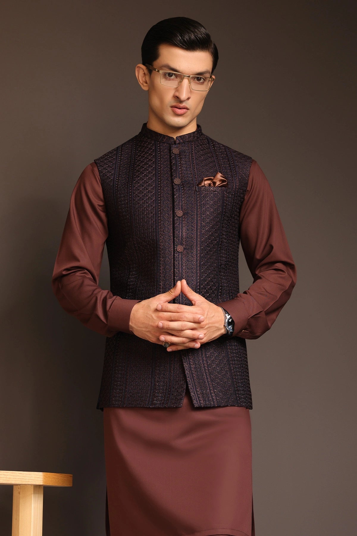 Striped Embroidered Waist Coat - WC-272