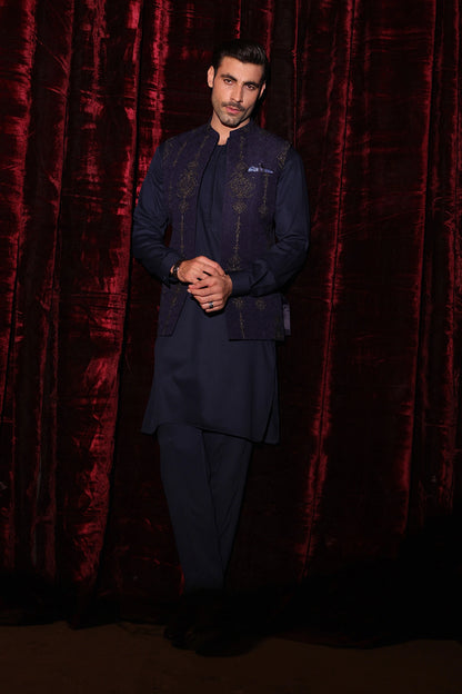 Blue Embroidered Waist Coat- WC-296