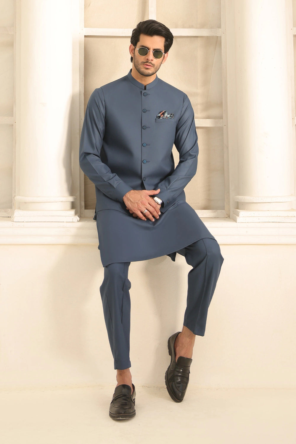 Mens Royal Blue Kurta Pant & Waistcoat