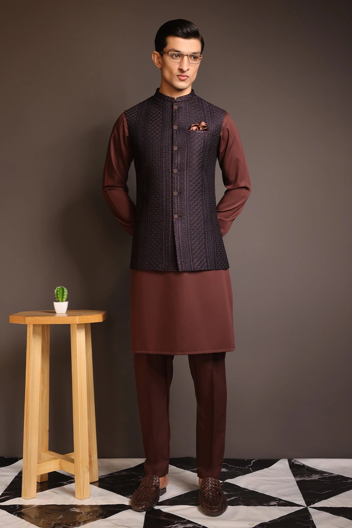 Striped Embroidered Waist Coat - WC-272