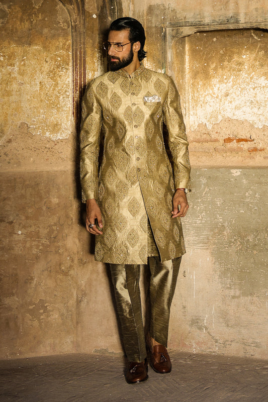 GOLDEN EMBOIDERED SHERWANI WITH HAND WORK GSW-112