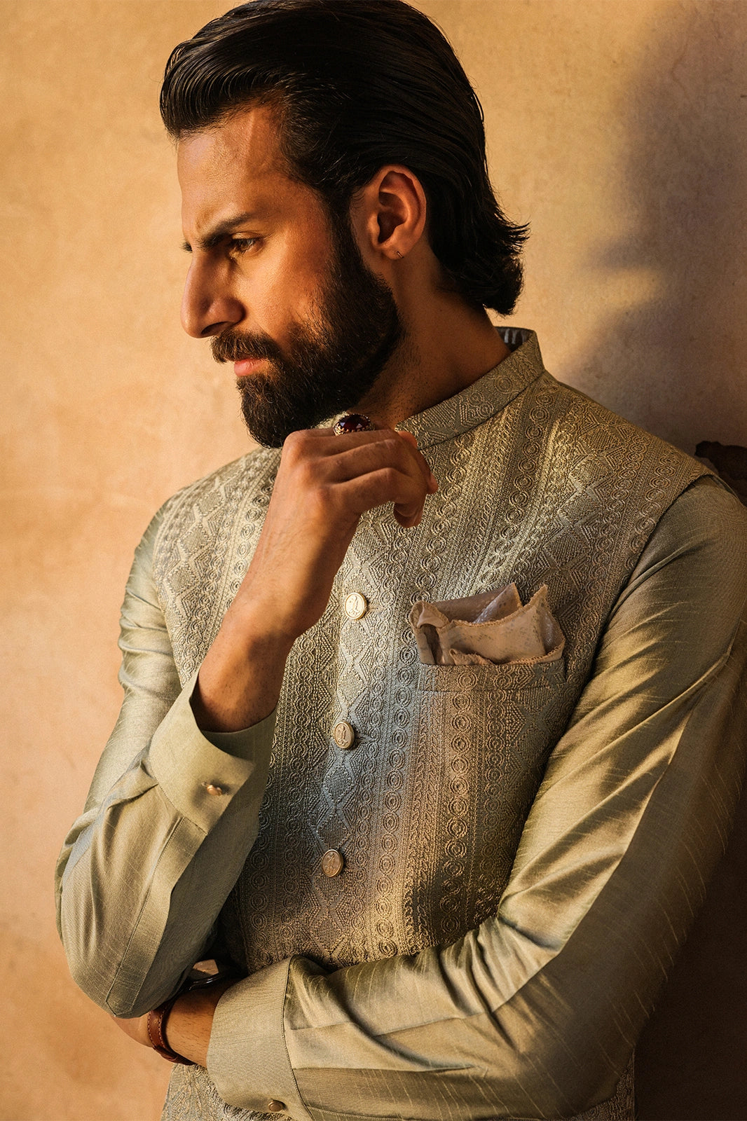 Sage Green Embroidered Waistcoat for Men