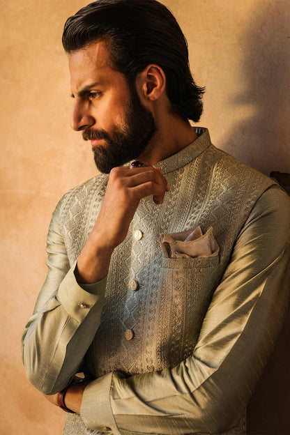 Sage Green Embroidered Waistcoat for Men