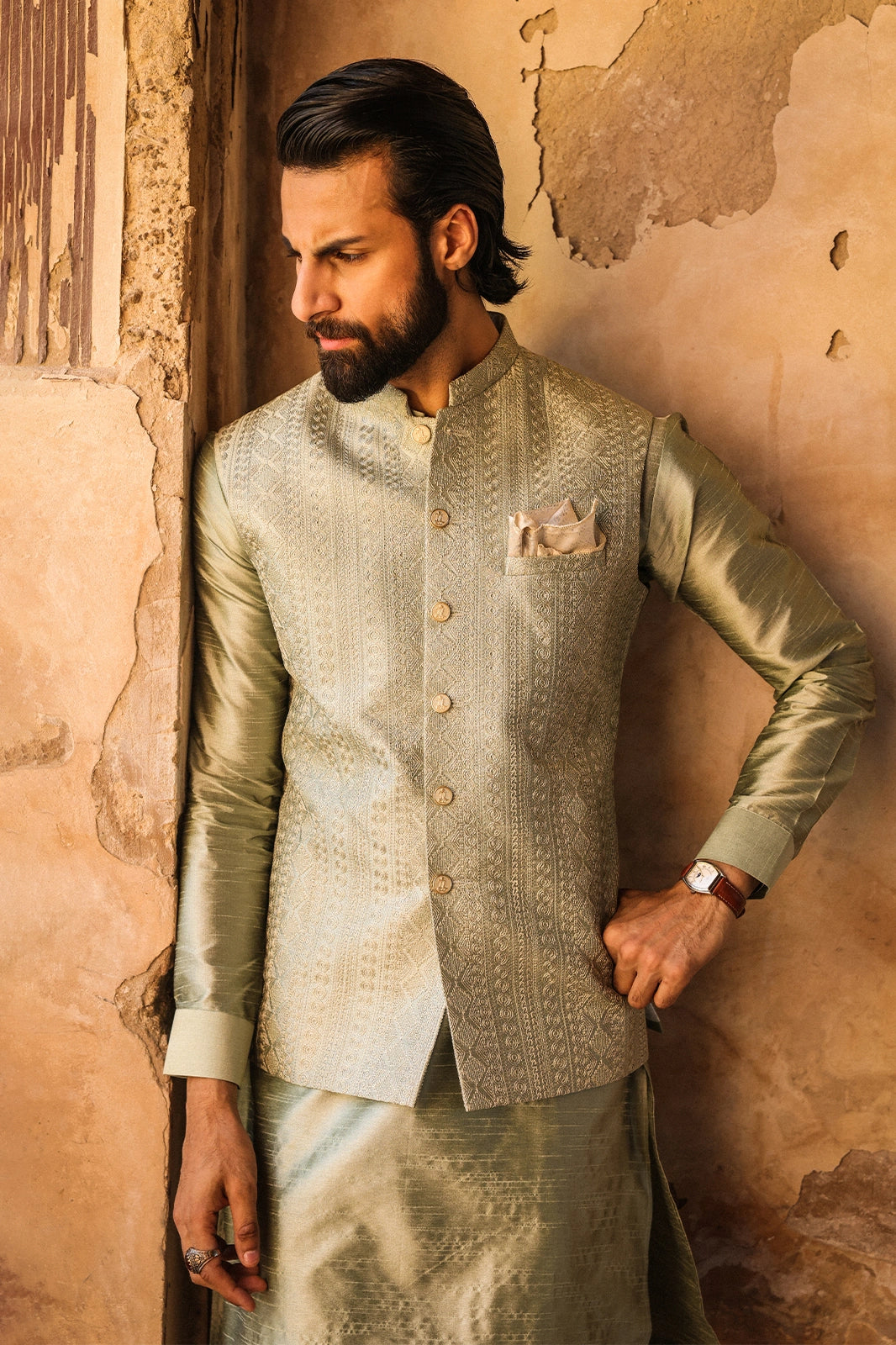 Sage Green Embroidered Waistcoat for Men