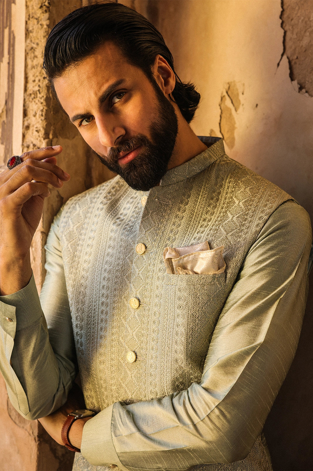 Sage Green Embroidered Waistcoat for Men