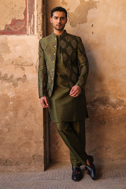 GREEN EMBOIDERED PRINCE COAT WITH HAND WORK PC-115