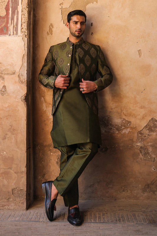 Green Embroidered Prince Coat for Men