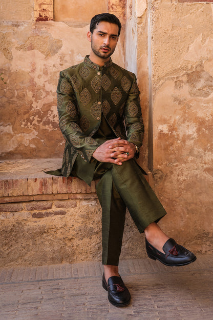 GREEN EMBOIDERED PRINCE COAT WITH HAND WORK PC-115