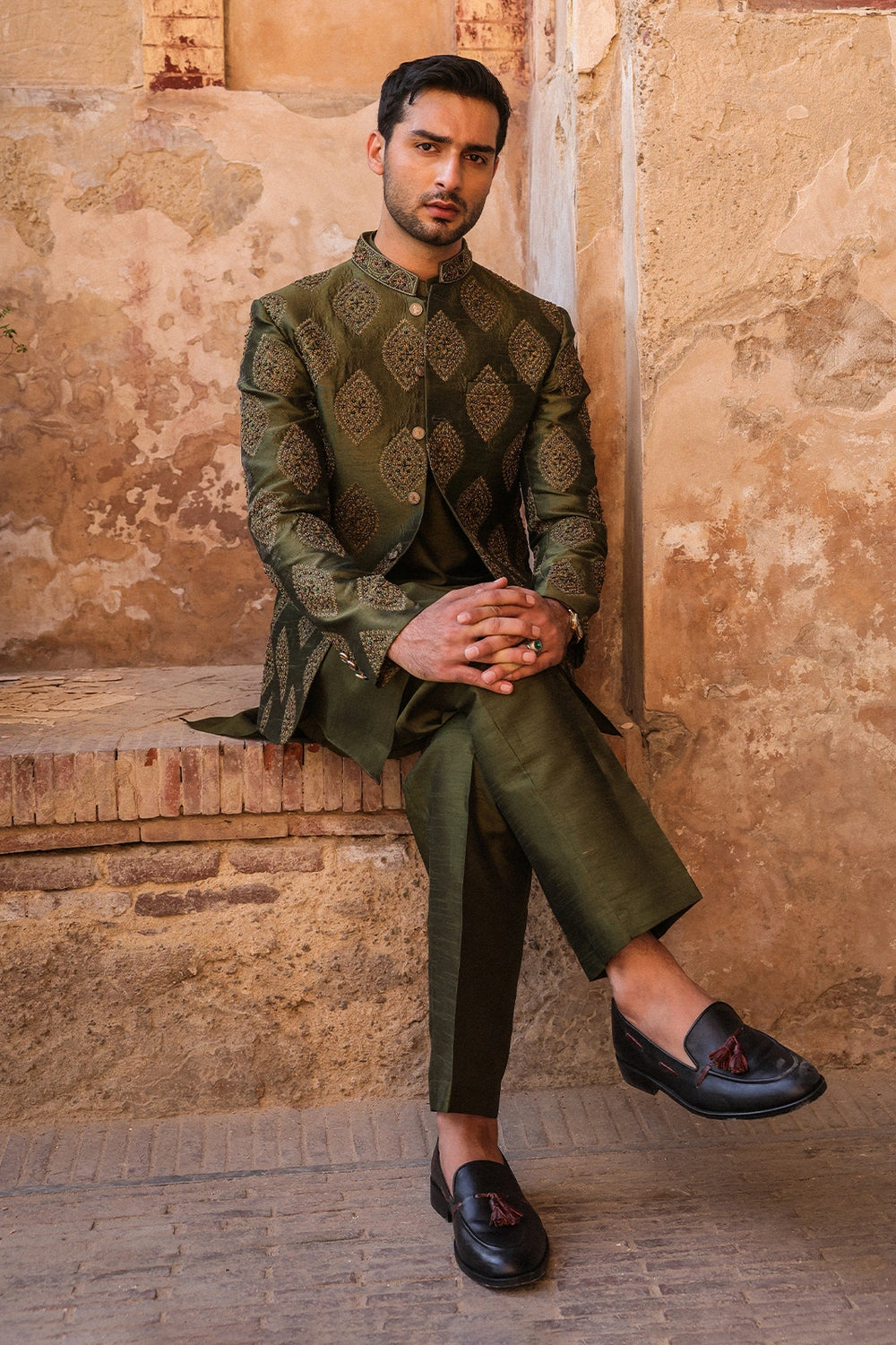 Green Embroidered Prince Coat for Men