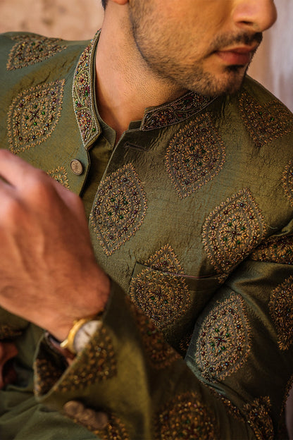 Green Embroidered Prince Coat for Men