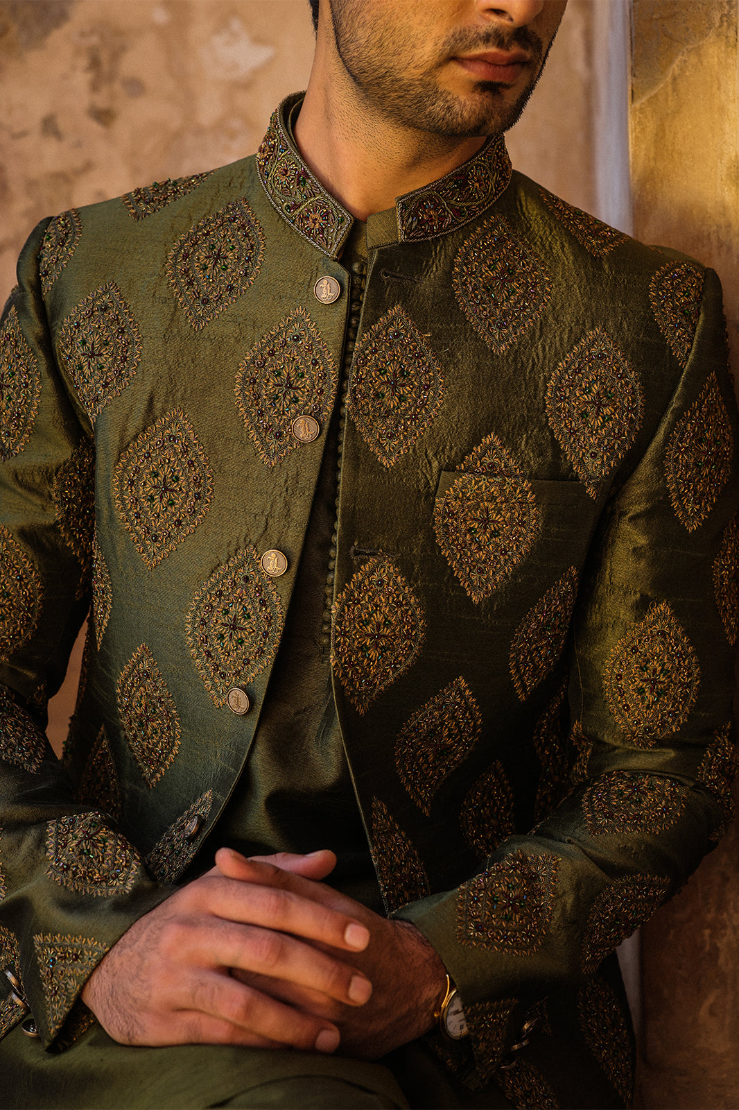 GREEN EMBOIDERED PRINCE COAT WITH HAND WORK PC-115