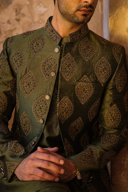GREEN EMBOIDERED PRINCE COAT WITH HAND WORK PC-115