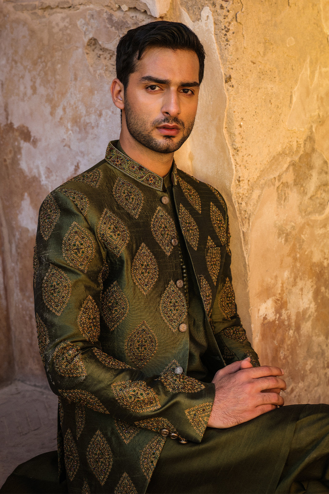 GREEN EMBOIDERED PRINCE COAT WITH HAND WORK PC-115