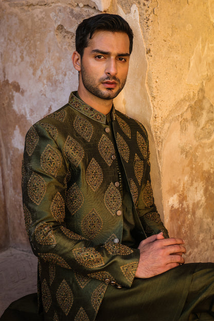 GREEN EMBOIDERED PRINCE COAT WITH HAND WORK PC-115