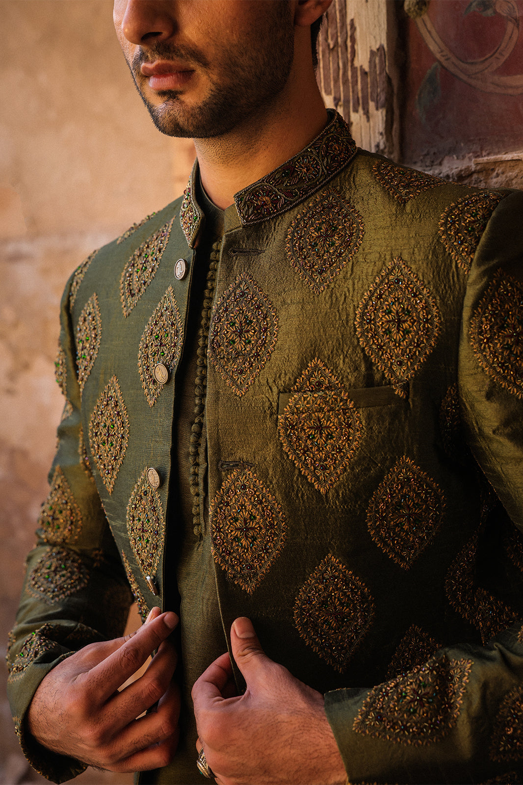 GREEN EMBOIDERED PRINCE COAT WITH HAND WORK PC-115