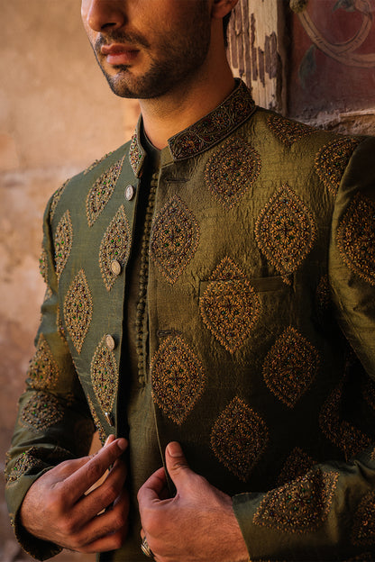 GREEN EMBOIDERED PRINCE COAT WITH HAND WORK PC-115