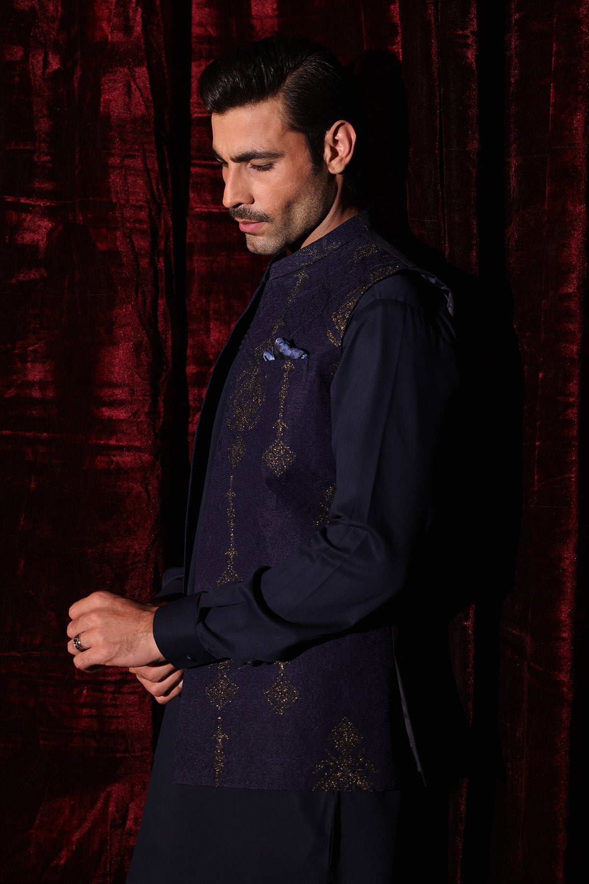 Blue Embroidered Waist Coat- WC-296