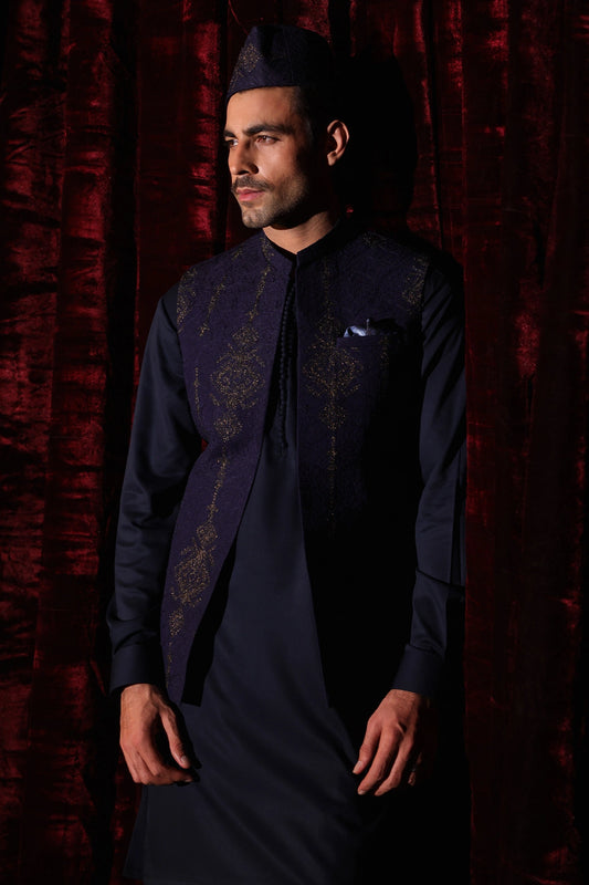 Blue Embroidered Waist Coat- WC-296