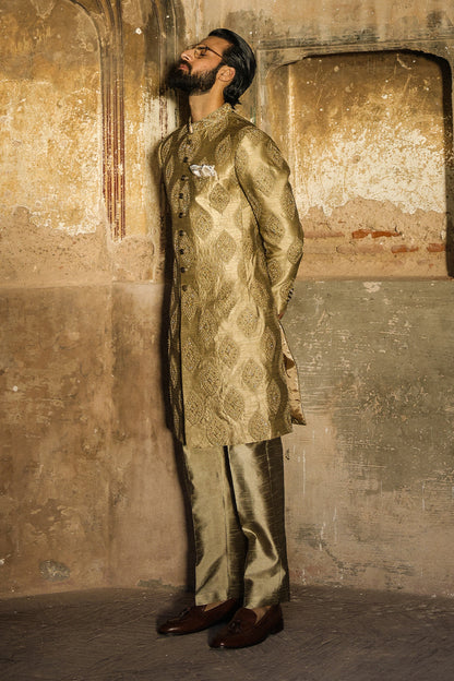 GOLDEN EMBOIDERED SHERWANI WITH HAND WORK GSW-112