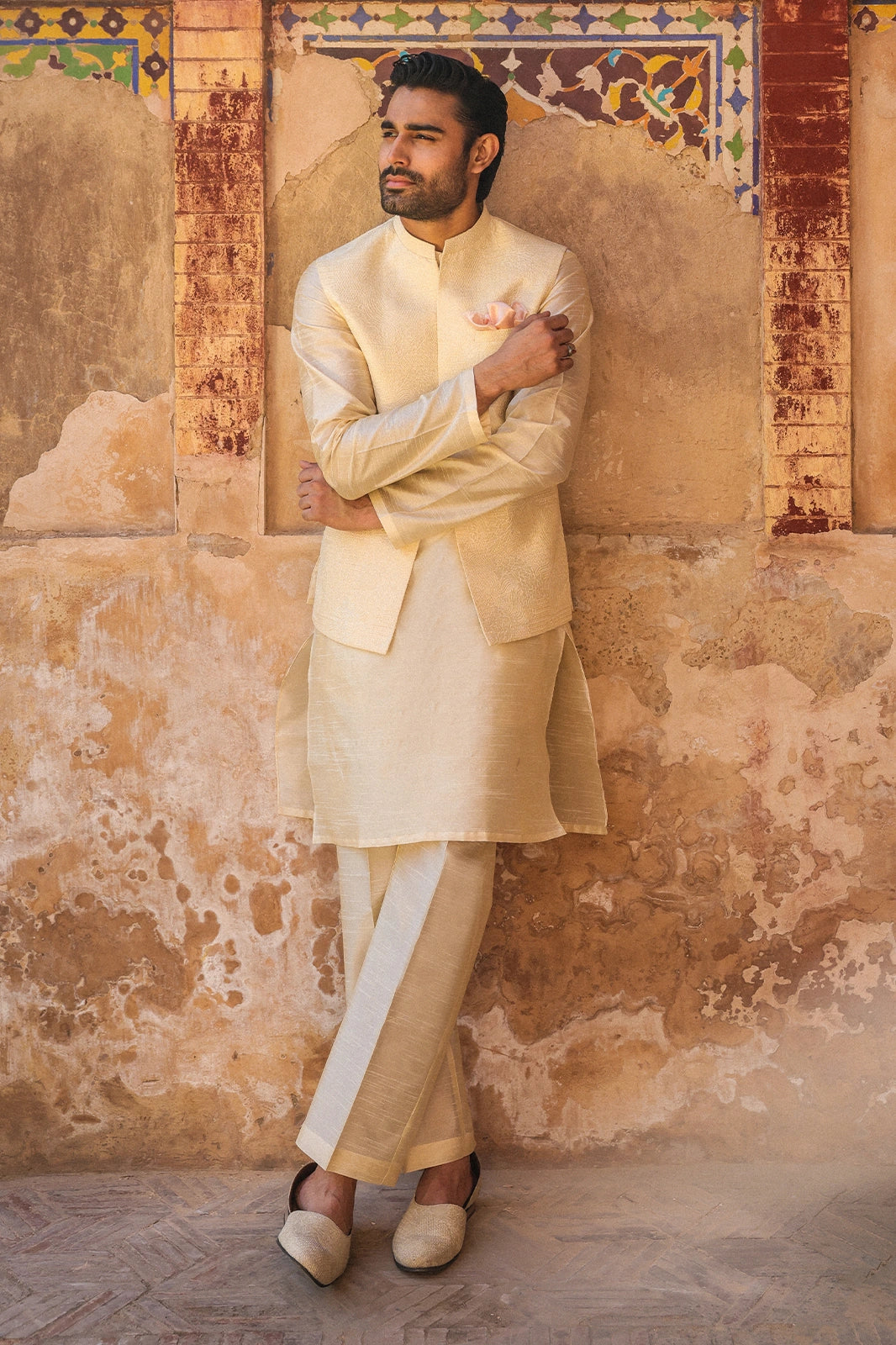 Cream Intricate Embroidered Waistcoat for Men