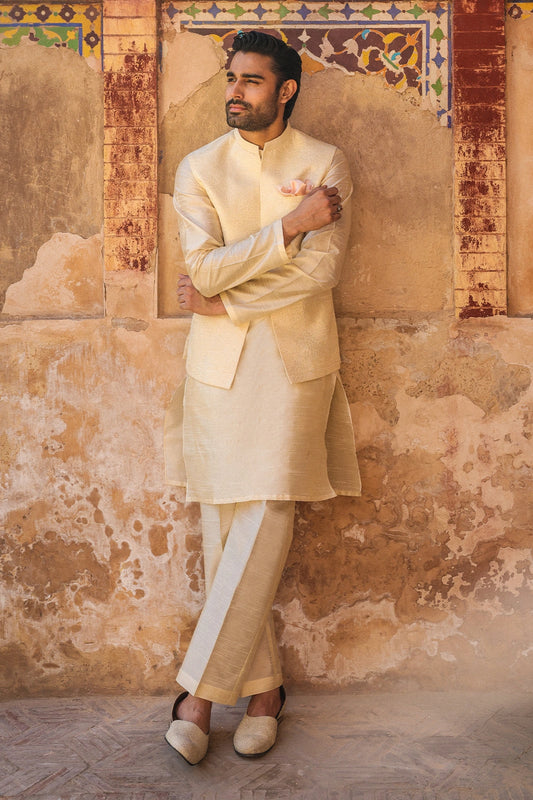 Cream Intricate Embroidered Waistcoat for Men