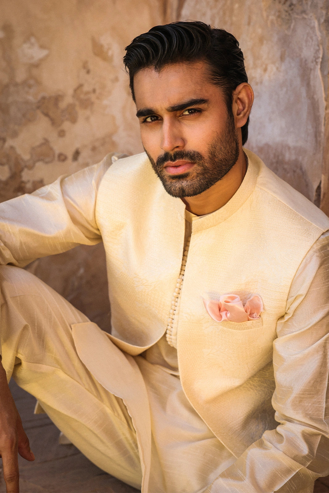 Cream Intricate Embroidered Waistcoat for Men