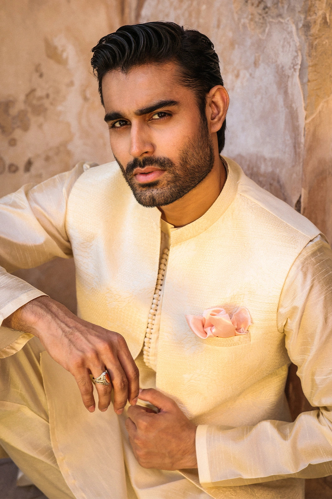 Cream Intricate Embroidered Waistcoat for Men