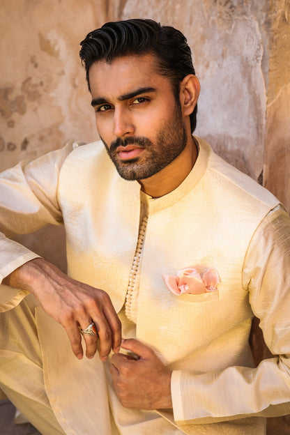 Cream Intricate Embroidered Waistcoat for Men