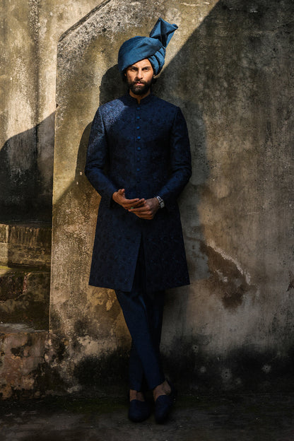 TEAL WITH BLUE EMBROIDRED SHERWANI GSW-115