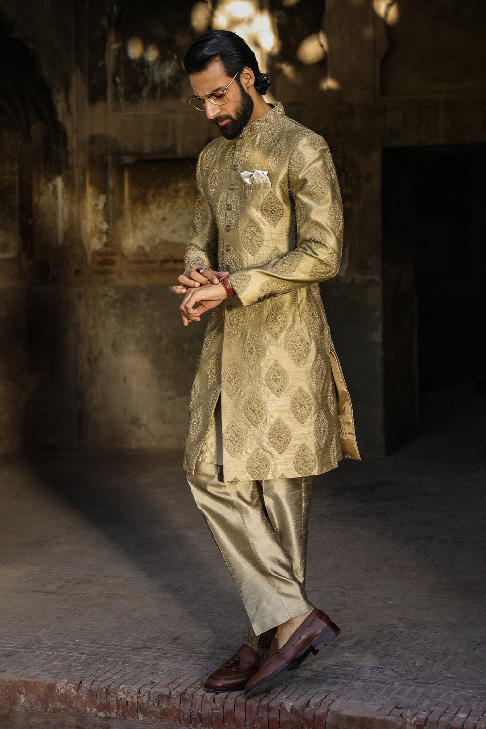 Golden Embroidered Sherwani For Men