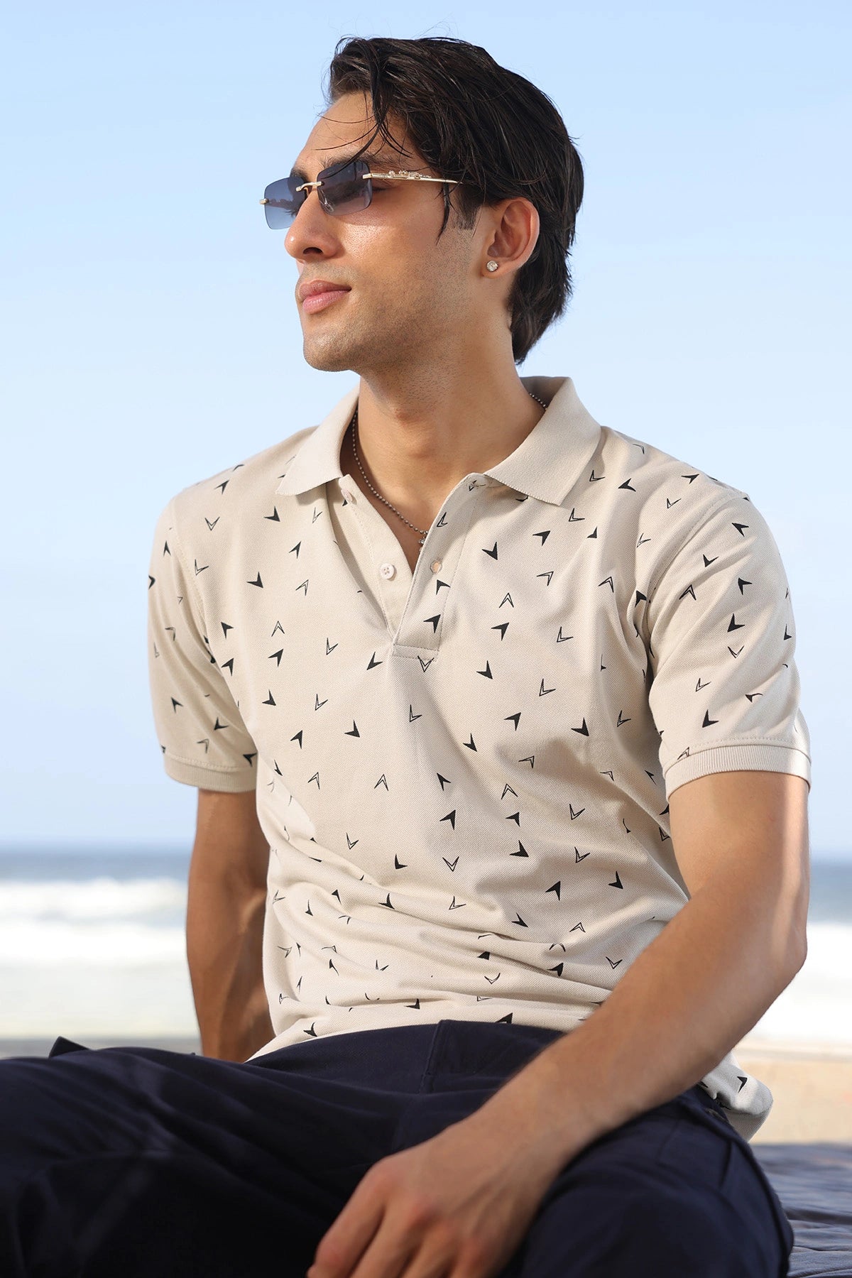 White Printed Polo for Men