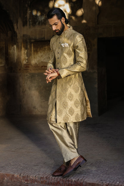 GOLDEN EMBOIDERED SHERWANI WITH HAND WORK GSW-112