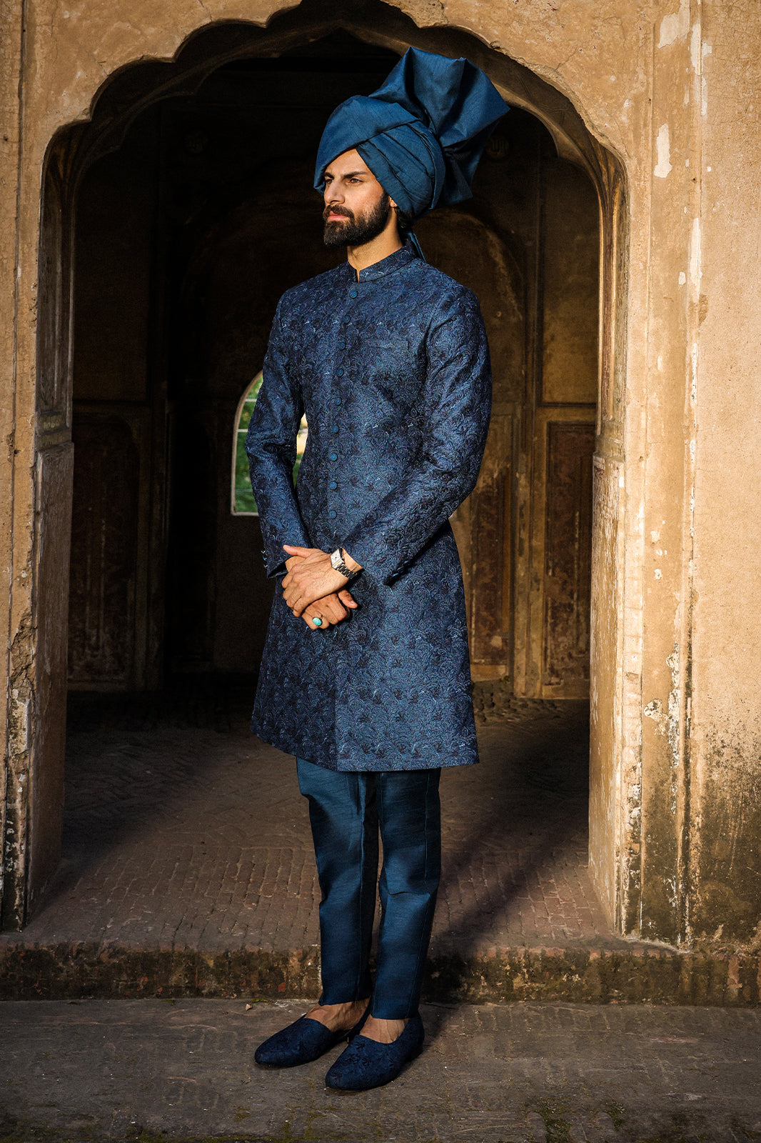 TEAL WITH BLUE EMBROIDRED SHERWANI GSW-115